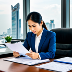 **

"A well-dressed Thai businesswoman in a modern office setting, fully clothed in professional attire, reviewing financial documents with a focused expression. The scene showcases a clean, organized workspace with a view of Bangkok's skyline in the background. Emphasize sharp details, perfect anatomy, and natural proportions. Safe for work, appropriate content, family-friendly."

**