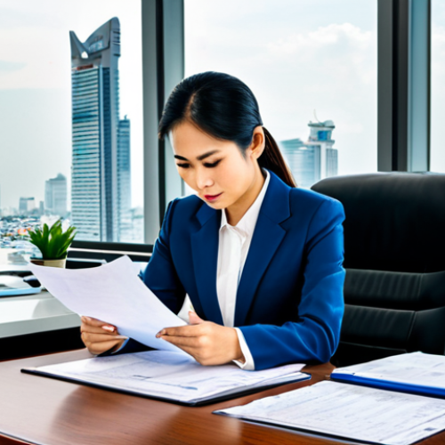 Home 21 **
"A well-dressed Thai businesswoman in a modern office setting, fully clothed in professional attire, reviewing financial documents with a focused expression. The scene showcases a clean, organized workspace with a view of Bangkok's skyline in the background. Emphasize sharp details, perfect anatomy, and natural proportions. Safe for work, appropriate content, family-friendly."
**