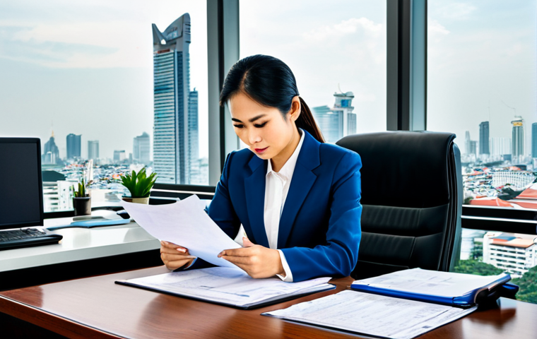 **

"A well-dressed Thai businesswoman in a modern office setting, fully clothed in professional attire, reviewing financial documents with a focused expression. The scene showcases a clean, organized workspace with a view of Bangkok's skyline in the background. Emphasize sharp details, perfect anatomy, and natural proportions. Safe for work, appropriate content, family-friendly."

**