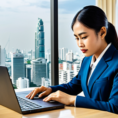 Home 9 **
"A professional Thai businesswoman in a modest, tailored business suit, working on a laptop at a modern desk in a bright, Bangkok office with a view of the city skyline, fully clothed, appropriate attire, safe for work, perfect anatomy, natural proportions, high-quality photography, family-friendly."
**