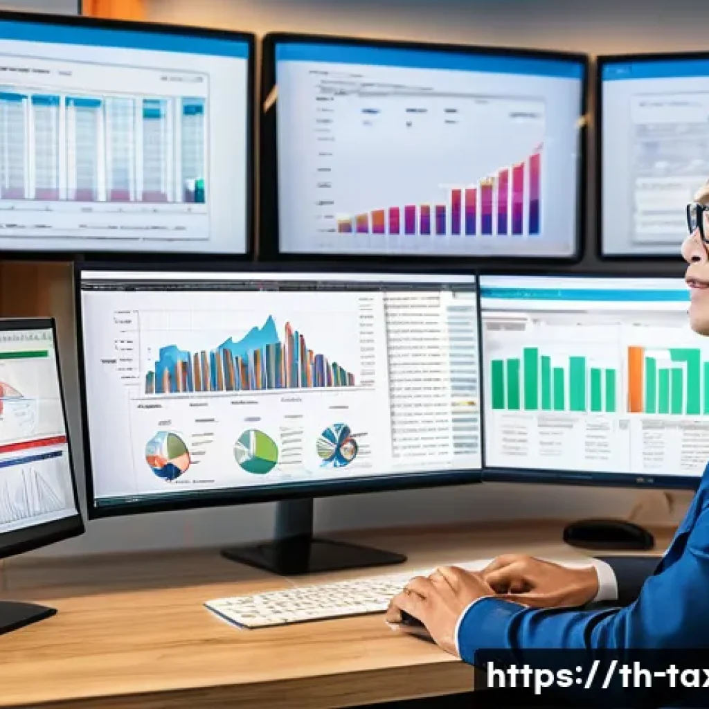 세무사와 AI 기술 융합 - A modern Thai accountant office setting with a professional Thai accountant using AI-powered tax ana...