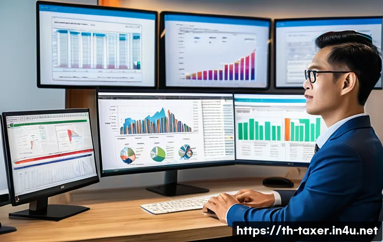 세무사와 AI 기술 융합 - A modern Thai accountant office setting with a professional Thai accountant using AI-powered tax ana...