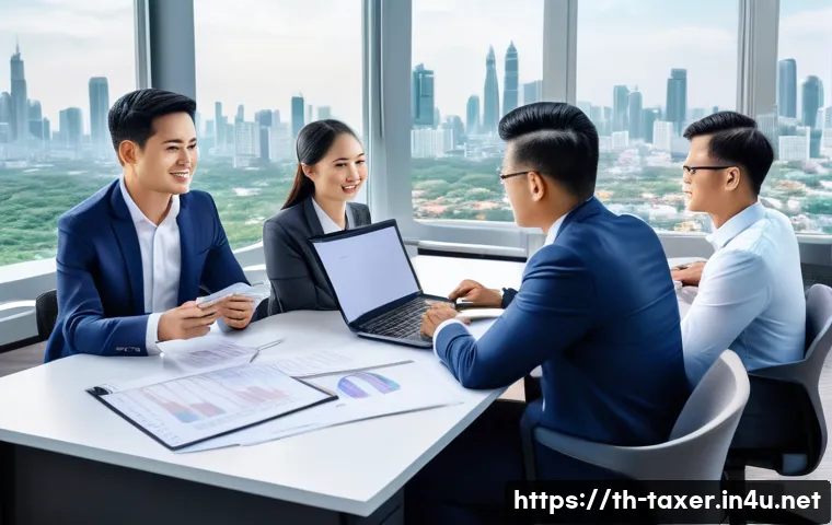 세무사와 특수목적법인 SPC  세금 관리 - A professional Thai office environment showing a diverse team of businesspeople in formal attire col...