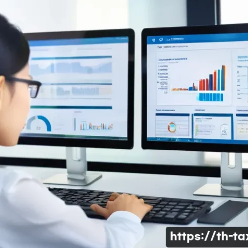 세무사 분야별 요구 역량 - A professional Thai tax consultant in a modern office setting, attentively reviewing and interpretin...