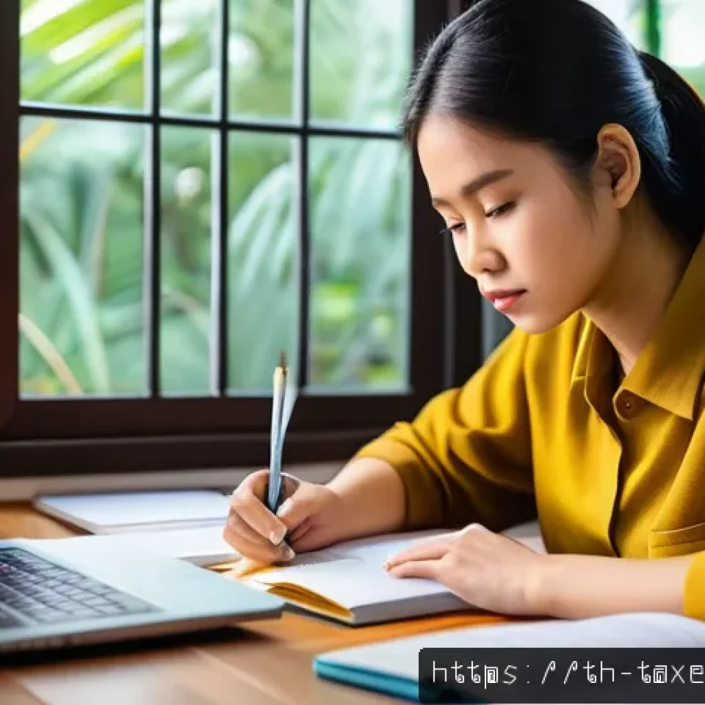 세무사 시험 실기 팁 - A focused young Thai adult studying at a modern wooden desk in a cozy home environment, surrounded b...