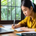 세무사 시험 실기 팁 - A focused young Thai adult studying at a modern wooden desk in a cozy home environment, surrounded b...