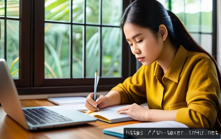 세무사 시험 실기 팁 - A focused young Thai adult studying at a modern wooden desk in a cozy home environment, surrounded b...