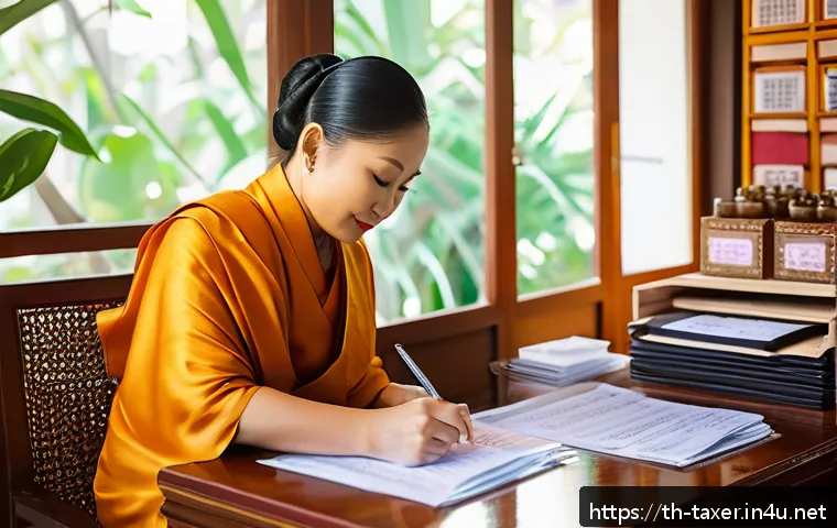 세무사와 개인사업자 세무 관리 - A detailed and vibrant scene of a small Thai retail shop owner carefully organizing financial docume...