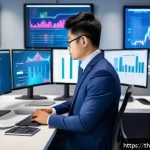 세무사와 IT 기술 적용 사례 - A modern Thai accountant working efficiently in a bright, sleek office environment, surrounded by mu...