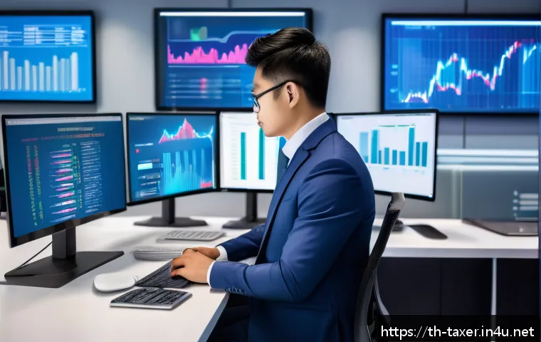 세무사와 IT 기술 적용 사례 - A modern Thai accountant working efficiently in a bright, sleek office environment, surrounded by mu...
