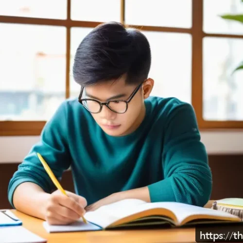 세무사 시험 준비 전략 - A focused Thai student sitting at a tidy wooden desk in a cozy, well-lit room, surrounded by organiz...