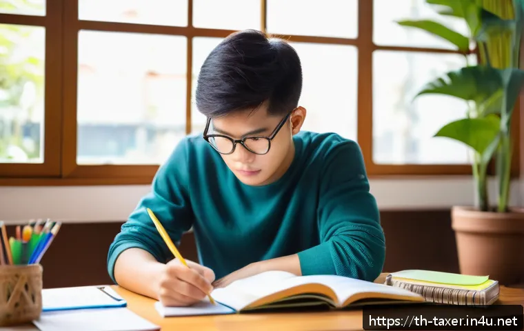 세무사 시험 준비 전략 - A focused Thai student sitting at a tidy wooden desk in a cozy, well-lit room, surrounded by organiz...