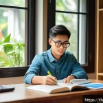 세무사 시험 준비를 위한 필수 정보 - A focused Thai student in a modern home study room, sitting at a wooden desk with textbooks and tax ...