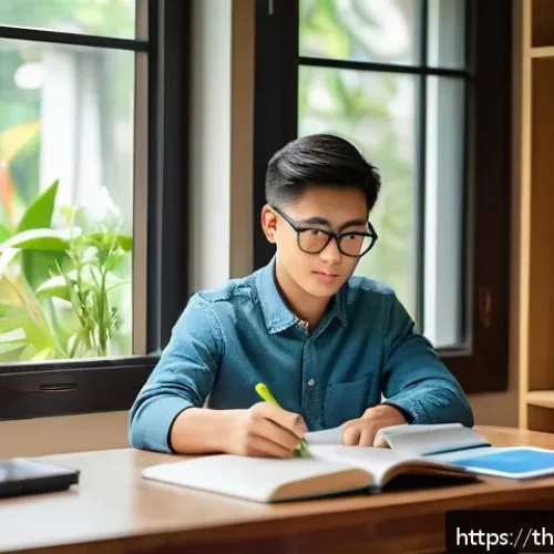 세무사 시험 준비를 위한 필수 정보 - A focused Thai student in a modern home study room, sitting at a wooden desk with textbooks and tax ...