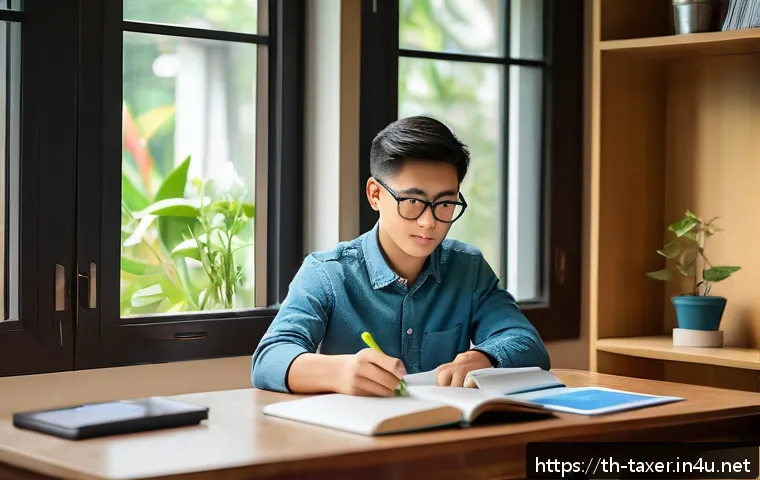 세무사 시험 준비를 위한 필수 정보 - A focused Thai student in a modern home study room, sitting at a wooden desk with textbooks and tax ...
