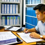 세무사 2차 시험 실전 팁 - A modern Thai office setting with a young professional carefully reviewing tax documents and receipt...