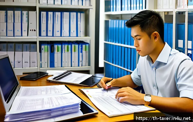 세무사 2차 시험 실전 팁 - A modern Thai office setting with a young professional carefully reviewing tax documents and receipt...