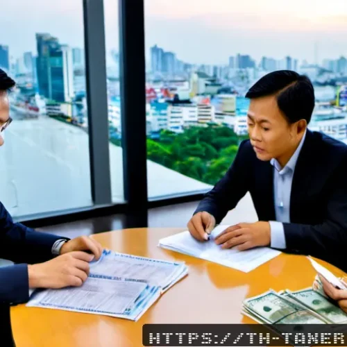 세무사와 기업 세무 감사 - Photorealistic corporate tax audit meeting in a modern Bangkok office, a Thai tax accountant in prof...