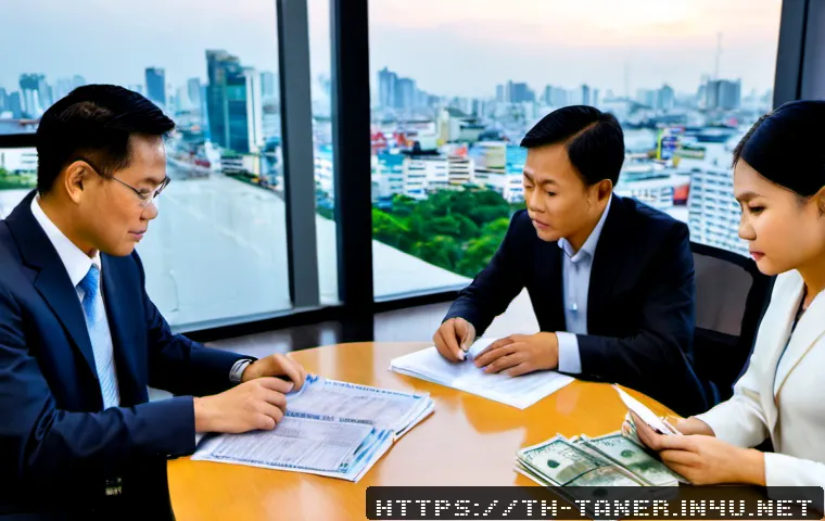 세무사와 기업 세무 감사 - Photorealistic corporate tax audit meeting in a modern Bangkok office, a Thai tax accountant in prof...