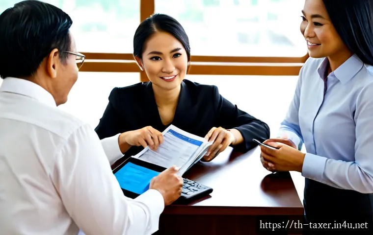 세무사와 세금 환급 서비스 - Photorealistic Thai tax consultant meeting a middle-aged Thai couple in a bright modern office, cons...