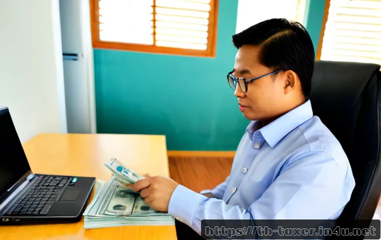 Home 29 세무사 업무사례 공유 - Photorealistic Thai tax accountant in a neat modern Bangkok office, reviewing organized client case ...
